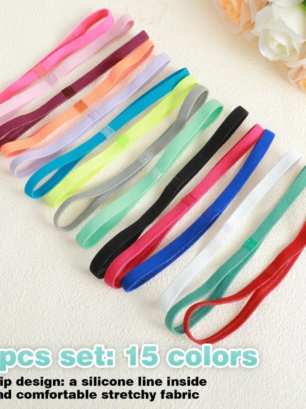 15Pcs Thin Elastic Headbands for Women, Non Slip Skinny Headband Colored Sports